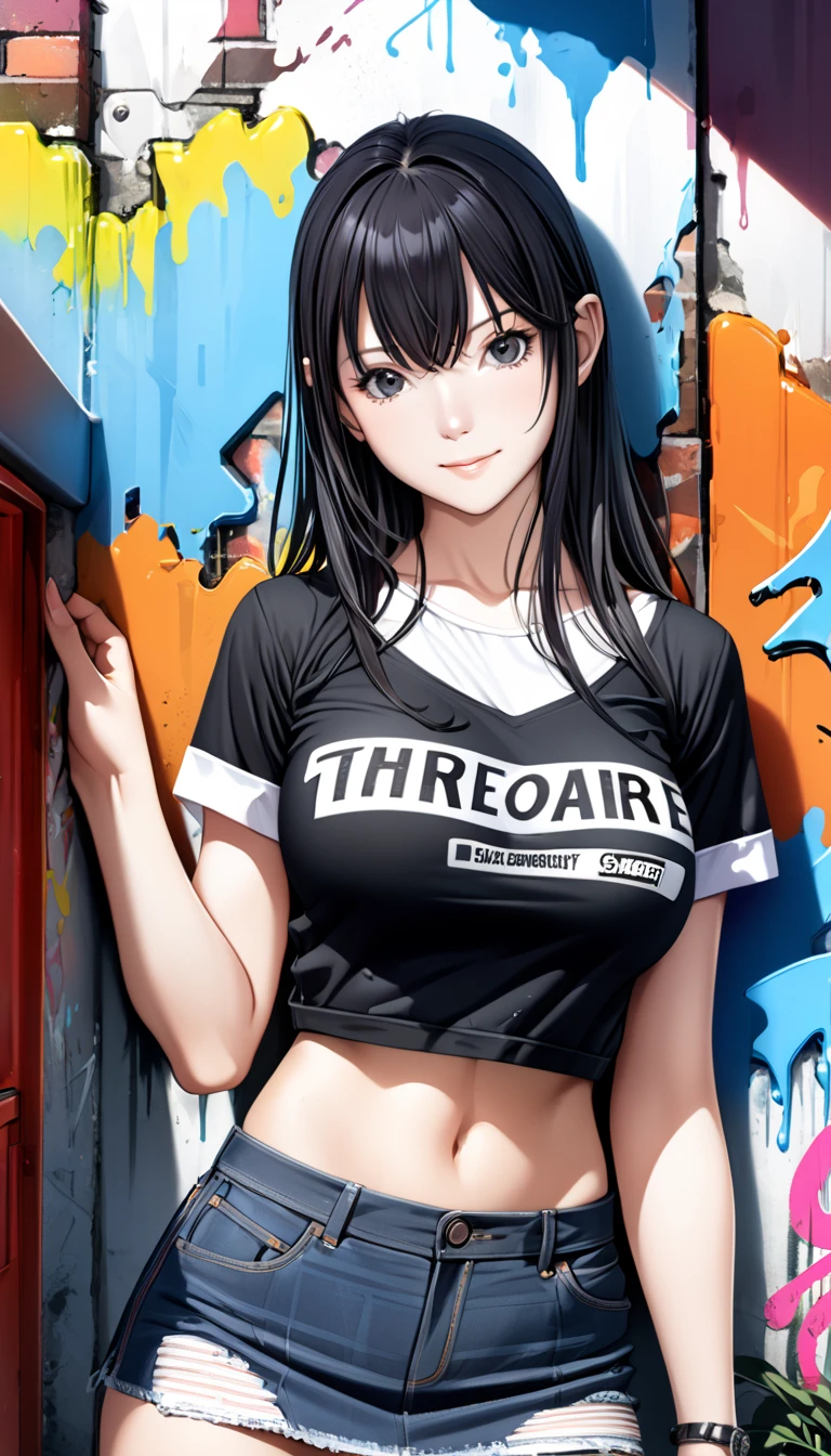 最high quality、best image quality、masterpiece、teenage girl((18-year-old、 By becoming、vest bust、medium bust,wide open breast tea、black eye, black hair、long hair、thin,highest valley、Torn black t-shirt(2:3)、cute smile,damaged pants(2:3)、Service Shots)),high quality、beautiful art、background((Game Center)),debris flies、Depth of written boundary、movie、visual art、perfect art、8K,genuine
