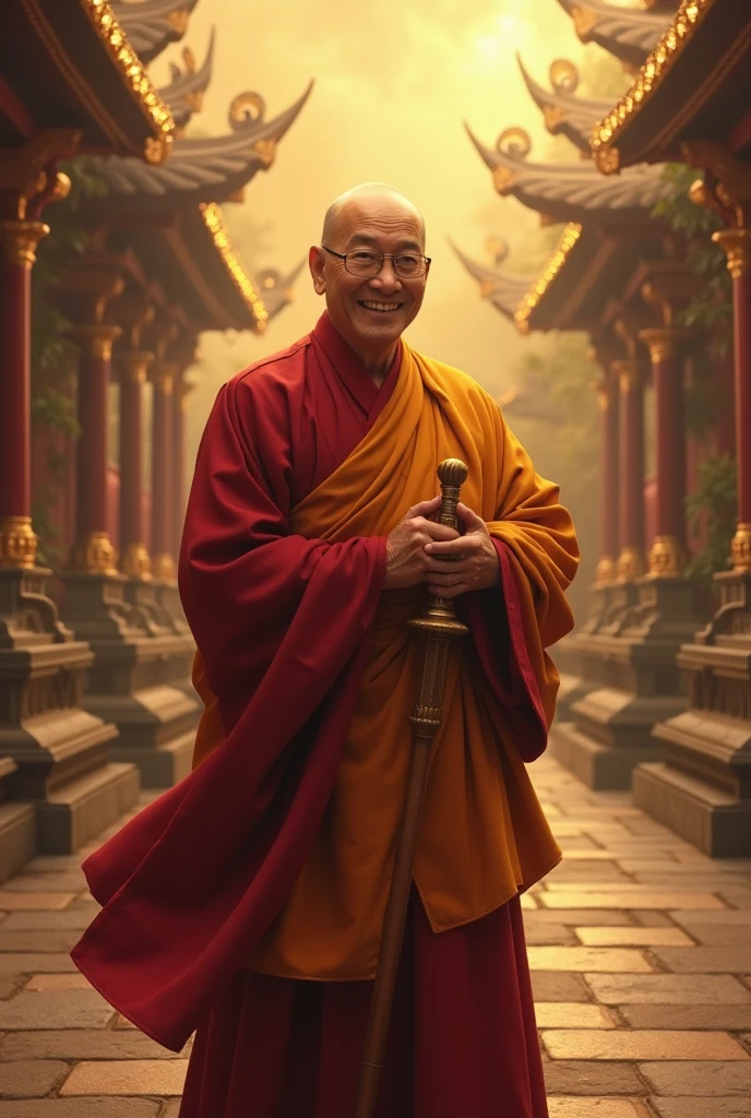 The Dalai Lama in India with Indian cultural features in the background
