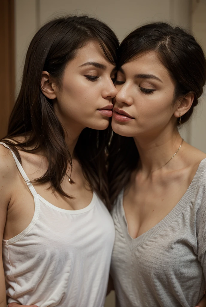beautiful face, looking at the viewer, maid girls loving each other, kissing passionately, feeling the breasts, realist