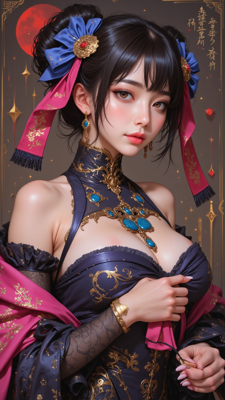 (Full Body View:1.2)、(Full body:1.4)、(Beautiful lips and cheeks:1.4)、(Beautiful courtesan:1.4)、(Smiling with teeth showing:1.3),(Shibuya Gal:1.5)、(Gothic ta vibe:1.5)、(White, red, magenta, and blue miniskirt courtesan kimono showing cleavage:1.5)、(New Year:1.4)、(Luxury hair ornaments/hairpin:1.5)、(Short kimono:1.3)、(Make-up like a maiko:1.5)、(Bewitching Woman:1.3)、(Dense kimono:1.4)、(Wearing flashy knee socks:1.2)、(The underwear has an embroidered pattern:1.4)、40 years old、(Dance vigorously:1.3)、((Highest quality、8k、masterpiece:1.3))、1 Female、Slim and beautiful abs:1.3、(hairstyle casual、Beautiful boobs:1.1)、dress:1.1、Super small face、Narrow eyes、double eyelid、A sloppy smile、Esbian all over body、Dynamic Angle、Close-up、CPL Filter、Blurred Background、Bokeh、Blue Hour、Detailed face and skin texture、Detailed eyes、double eyelid,(Twin tails:1.3)、(Black-brown hair:1.3)、Gravure idol、(The background is a gorgeous Meiji-era town:1.3)、(Thin body:1.2),(Thin thighs:1.5),(clavicle:1.1)
