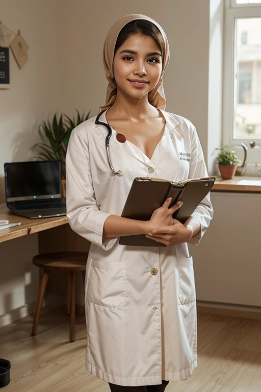 "Generate an artistic image of a 50-year-old nutritionist doctor wearing a white coat in his office. The doctor must have a fixed look at the camera, presenting perfect proportions. Certifique-se de que a imagem esteja centralizada, visually rich and have a cinematic style. A arte gerada deve ser otimizada para ser usada como papel de parede, with Ultra High Definition resolution (UHD) and ultra-sharp focus. Por favor, destaque elementos que transmitam profissionalismo, experience and a welcoming office atmosphere. Entregue a arte no formato de papel de parede, providing a feeling of tranquility and confidence."