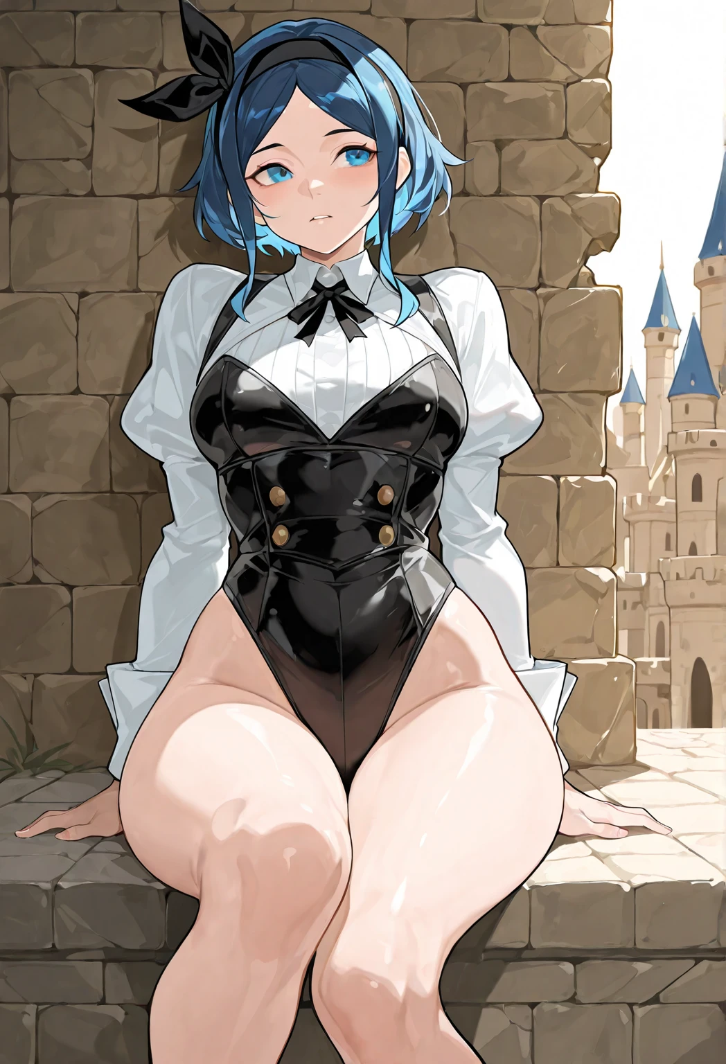 (masterpiece, highest quality, best quality, official art, beautiful and aesthetic: 1.2), (1boy), extremely detailed, (fractal art: 1.3), colorful, highest detailed, perfect face), lyney, sexy, wide hips, thicc figure, Detailed blue eyes, Detailed face, Detailed eyes, femboy, male, bulge, standing, gothic, arms behind back, castle, outdoors, castle walls, braided hair, exposed thighs, thick thighs, thigh harness, 1boy, solo, femboy, flat chest