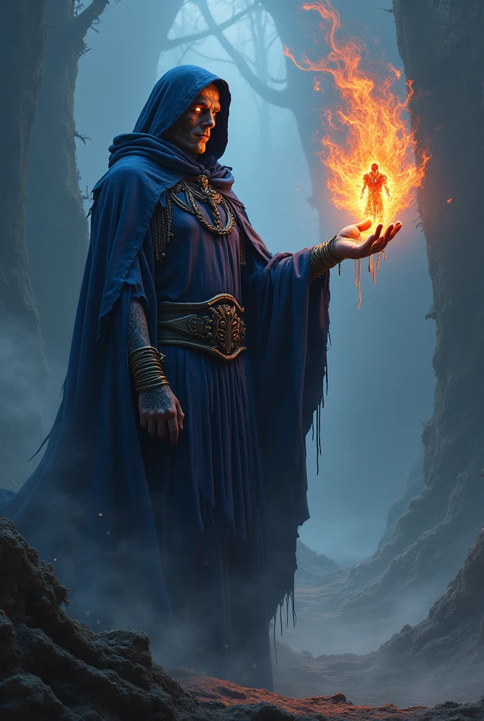 This is a dark fantasy world full of magic and magical creatures. An evil warlock in dark blue robes and with tattoos all over his face summons a fire elemental to serve him.