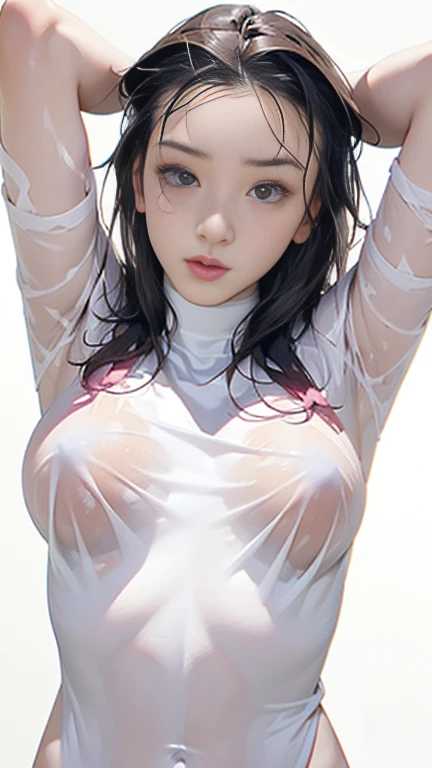 masterpiece, highest quality, two girls, (beautiful girl, delicate girl:1.3), (19 years old:1.3),((black, A rough mesh bodysuit with only the left and right chest areas open, long sleeve:1.3)) ,((black, A rough mesh bodysuit with only the left and right chest areas open, long sleeve:1.3)),There is no fabric on the left and right chest areas.、(white skin)、Japanese、 very high quality clarity, (symmetrical eyes:1.3),((sweat a lot、the whole body is wet)), Large mesh, very big breasts,very heavy chest、brown eyes, parted bangs, brown hair, short hair、petit girl, wet face、wet skin、wet body、both arms are down、(Eye and face details:1.0), (upper teeth, best smile:0.1), looking at the viewer,Completely naked、big breasts、botanical garden、flower、flower platform、Are standing、(((Exposed chest skin)))、(((expose the nipples)))、(((Exposed chest skin)))、(((expose the nipples)))、(((Exposed chest skin)))、(((expose the nipples)))、