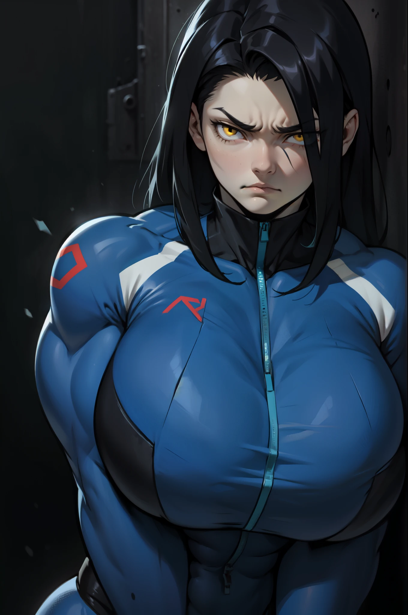 (((muscular girl toned body large breasts))) pale skin black hair yellow eyes sad frown blush bodysuit bodysuit bodysuit