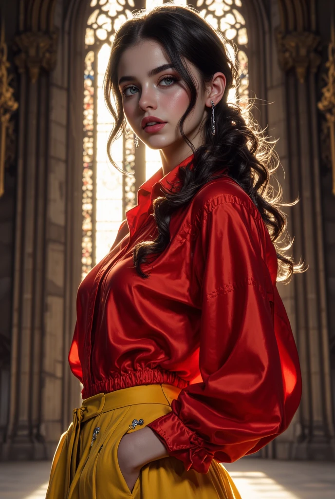 a black occultist of the paranormal order of the elements of death and blood, with a bun, braid on the scalp, red blouse, black pants, a revolver, a claw scar on his shoulder and a large claw scar on his chest