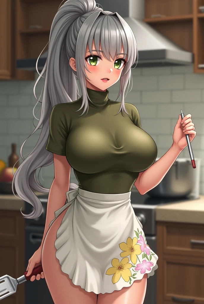 2heads, a tall fat woman with 2 heads. She is in a kitchen, standing behind a countertop She is wearing an apron. Cleavage. She is wearing a bandana to push her hair back. She has long curly green hair. She is very tall and mature. She is baking a pastry. Her apron is dirty. She is happy and smiling. She is messy from baking. Motherly, milf.