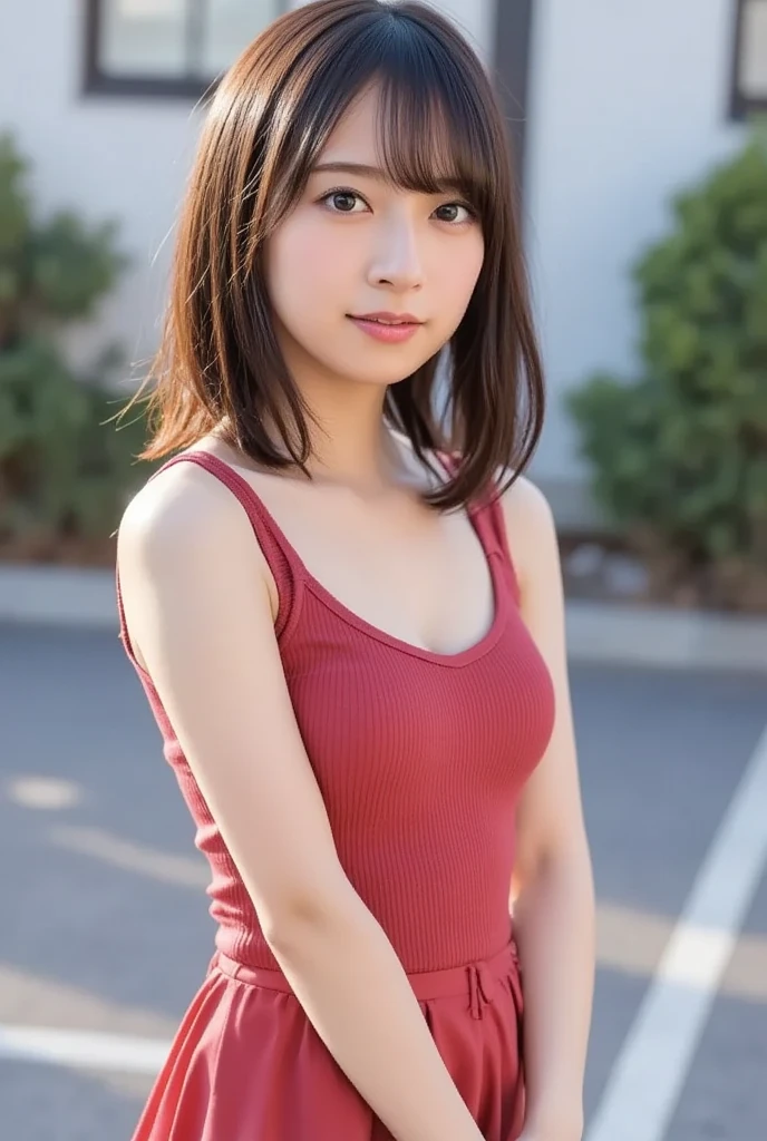 （8k、Live Action、RAW Photos、Highest quality、masterpiece：1.2),(Outdoor,Front lighting:1.2),((Perfect lighting)),(Long Bob Cut),Observe the audience,look up,Hug Pose, strong,erotic,1,student,White skin,knees,Absurd,Small face,前hairを真ん中から分けます、The forehead is visible,(Embarrassing,Squint your eyes,Glare,strong,skinny,skinny,Irritated)、masterpiece,Highest quality、Ultra-high resolution,One person, One personで,Close-up shot、cute、studentに戻る,(Sporty clothes:1.3,Team Color),high school girl,Japanese women,Are standing,（フォトGenuine：1.37）、Photon Mapping,Genuineistic、cuteSmall face,Brown eyes、prospect、Written boundary depth、Blurred Background、Genuine,(前hairが見える), hair, kneesが見える, thigh,(Nogizaka Idol), actress、Big and ample breasts、Cleavage、Super Fine、Low people々、(Skin with visible pores:1.2)、(Focus on the face)、8 heads、Natural Neck、Check and fix the skeleton