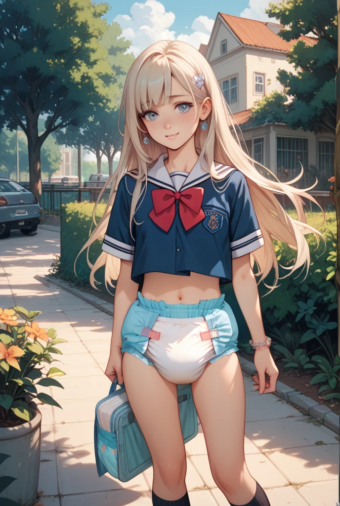 Focus on background、Focus on the whole body、Long Shot Focus、Very heavy rain、Holding an umbrella、Umbrella with hydrangea pattern、Urban bus stop in the background、Beautiful bus stop、natta、Sailor suit with floral print、Wet sailor suit、Wet and see-through underwear、rabbitears、thick eyebrow、Mehigaki、small tits、pigtails hair、Beautiful blonde、Braids、(masterpiece)、((top-quality))、(ultra-detailliert)、Full Body Anime Girl、Clean and detailed face、Beautiful eyes with high resolution、Five Fingers、textile shading、Perfect human body structure、perfect anatomia、
