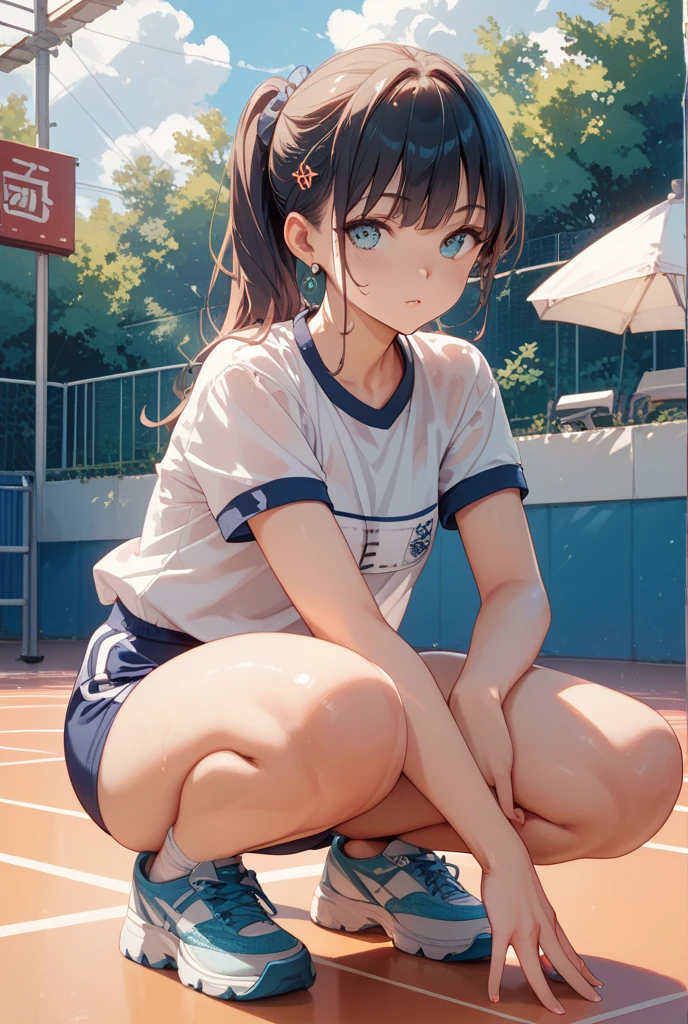 score_9,score_8_up,score_7_up,masterpiece,best quality, source anime, realistic, super detailed, extreme detailed, rating_safe,
1girl, sitting, hugging own legs,
BREAK girl, 22yo, short hair, bob cut, (blunt bangs), black hair, (tareme, detailed cute brown eyes), curled eyelashes, (large breasts:0.9),
shiny hair, beautiful detailed eyes, beautiful face,
slender, small ass, slim legs,
school gym clothes, buruma, panty peek, smile,
outdoors, school playground, summer, sunlight
