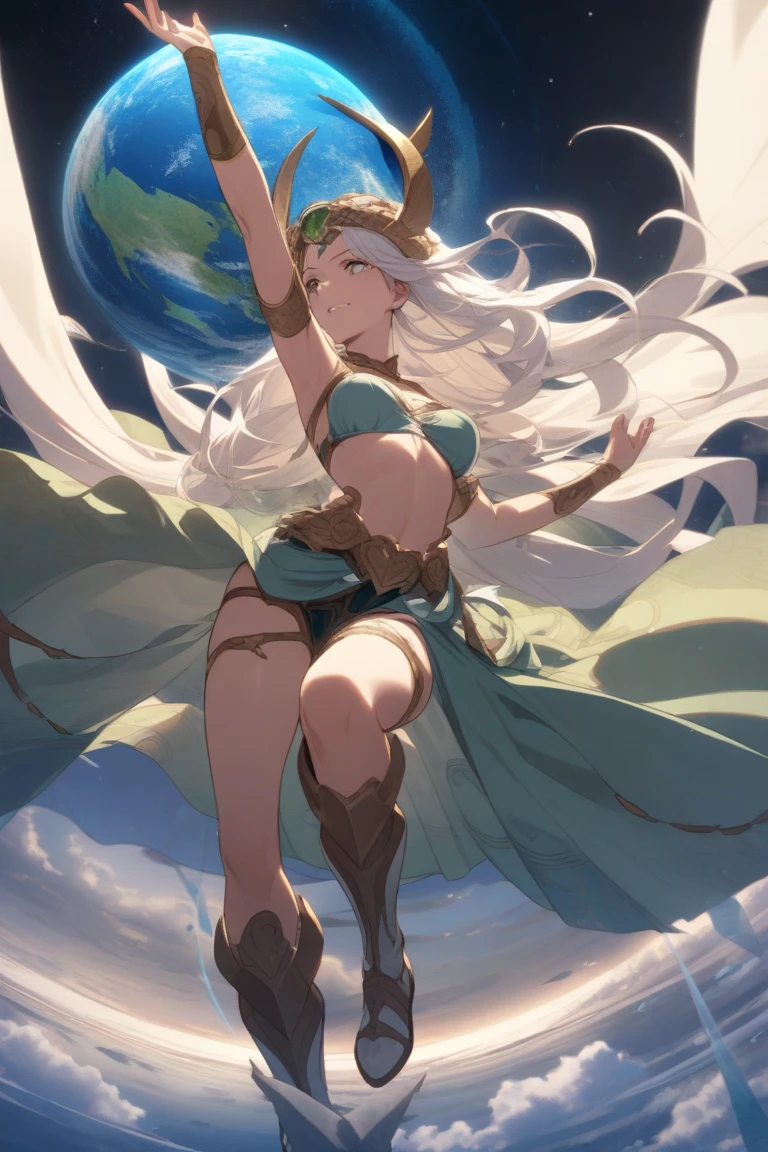 masterpiece, best quality, tina branford, green hair, cape, earrings, red dress, detached sleeves, hair ribbon, clothes around waist, print legwear, red boots, jumping, sky, cloud trails, (2heads:1.5)