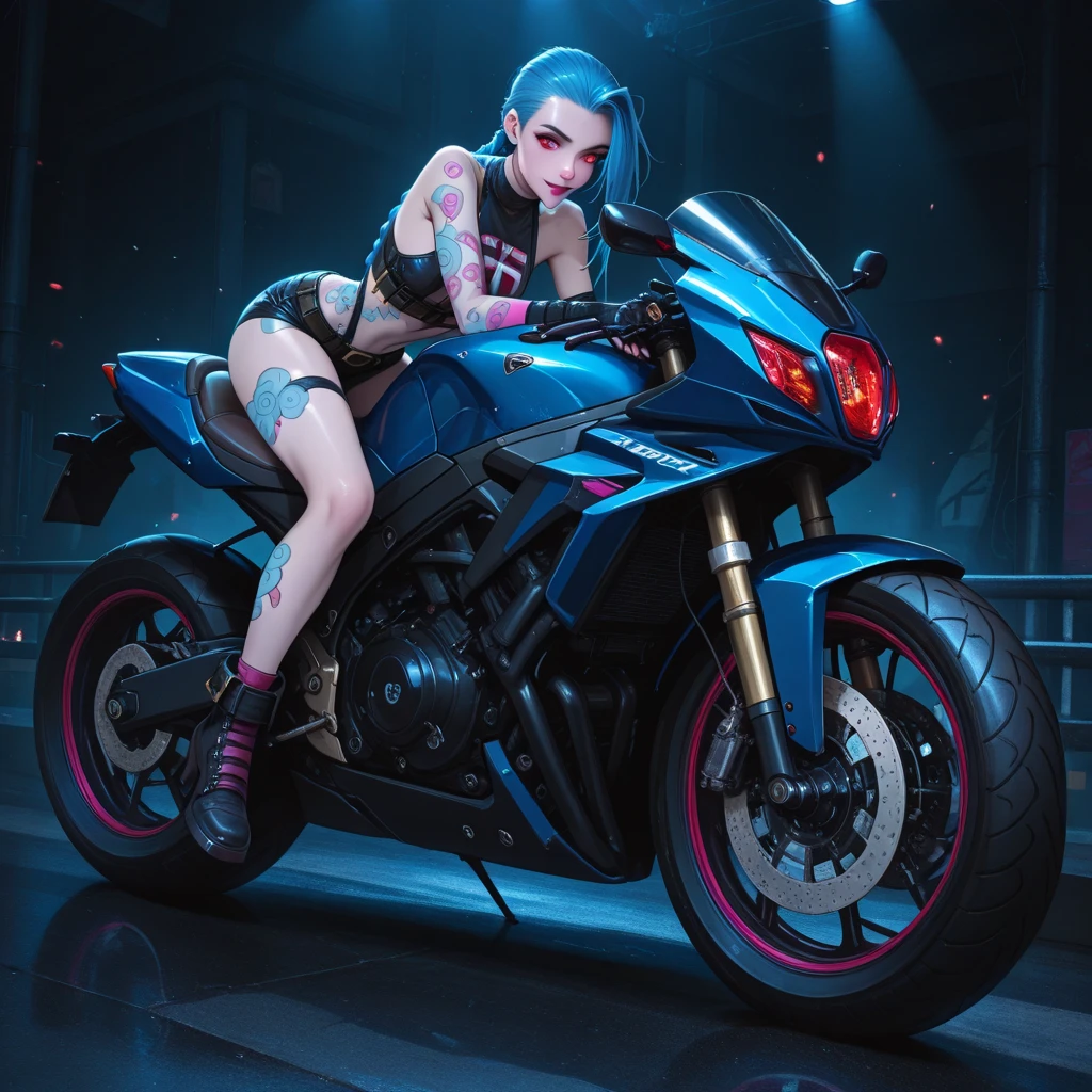 The image shows an illustrated character sitting on a motorcycle.. The character has short hair and wears a suit with black-violet colors and yellow neons that surround his prominent bodysuit.... The motorcycle looks big and futuristic., same color palette with elegant lines and luminous elements. The background suggests an urban environment illuminated with neon lights., possibly at night. There are various shapes and patterns reminiscent of digital or cybernetic motifs..., contributing to the overall sci-fi look of the image.. I imagine this girl with a futuristic appearance and full of mystery.. His body is wrapped in a purple and black jumpsuit.., Shiny chains entwine around his arms and legs., as if they were metallic tattoos. The three-strand necklace, with its padlock in the shape of digits, It is their symbol of submission and devotion.. Her red hair falls in waves over her shoulders..., and his green eyes shine with a mixture of passion and obedience. The black dress fits her curves., enhancing her voluptuous figure. Each chain that tightens around her skin is a reminder of her role as a beloved slave.... In the dark garage, the girl prepares for her master. The cyberpunk motorcycle awaits you, Its shiny surface reflects the neon lights of the city. The cat-shaped helmet gives it a mysterious look., and the tail that extends from the back of the seat seems to have a life of its own. She rides the motorcycle with grace., speeding into the night. The wind whistles in his ears as he walks through the dark streets., ready to carry out your master'orders. In this futuristic world, where technology and passion intertwine, she is his slave, your confidant and your lover. The girl with the chains and a cyberpunk motorcycle is an enigma, a mixture of desire and slavery. Their story unfolds under the twinkling lights of the city.., and his figure becomes a legend in the night streets. SIMILAR TO IP:but