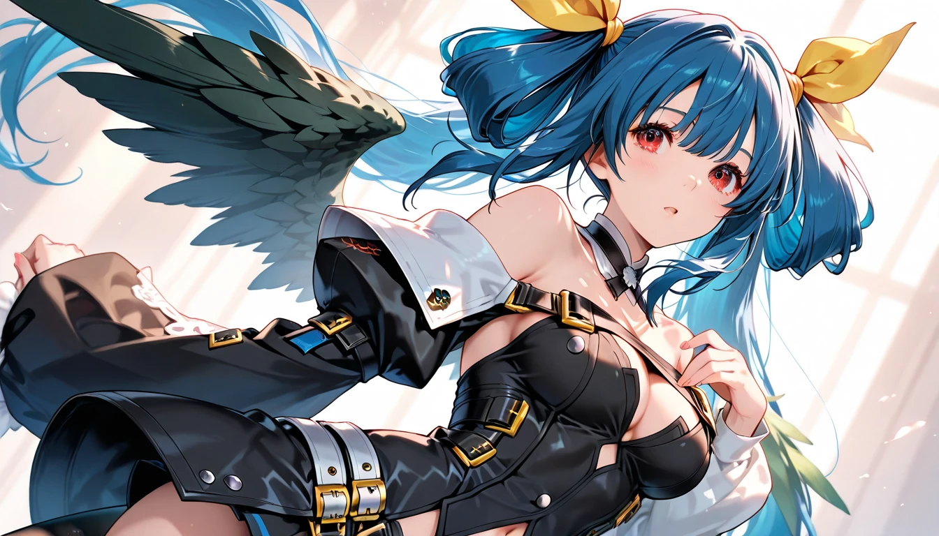 highest quality, 4K, masterpiece, Very detailed, High detail, One girl, alone, peri, Blue Hair, Hair on one eye, Multicolored Hair, Twin tails, Pink Hair, Red eyes, Two-tone hair, armor, smile, Burning city background