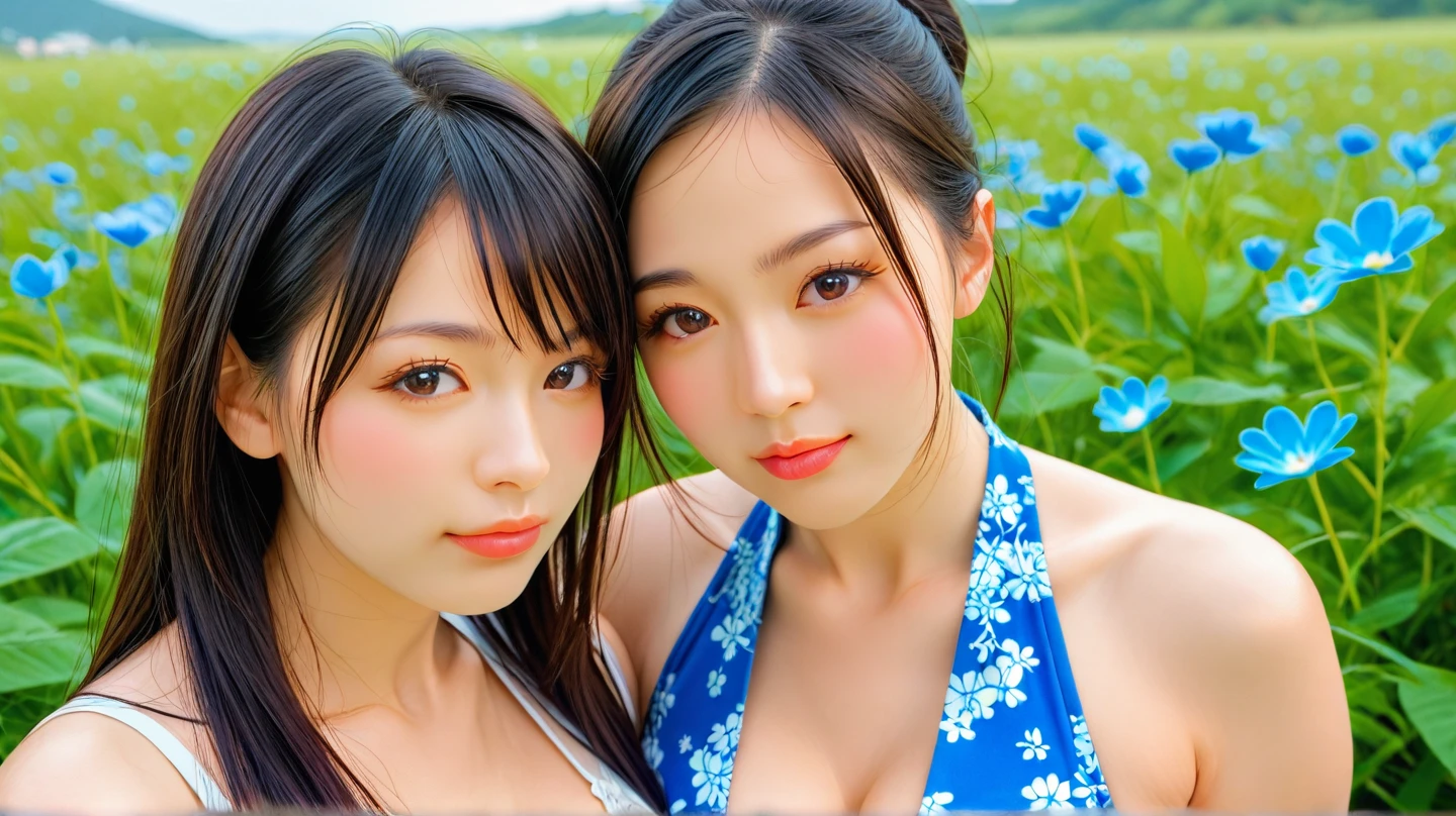 Identical twin sisters、Instagram model from another dimension, by 2 person, Imaginative, Metaphysical, Whimsical, Anaglyph Style, 1 Japan, Cute face, 18-year-old,