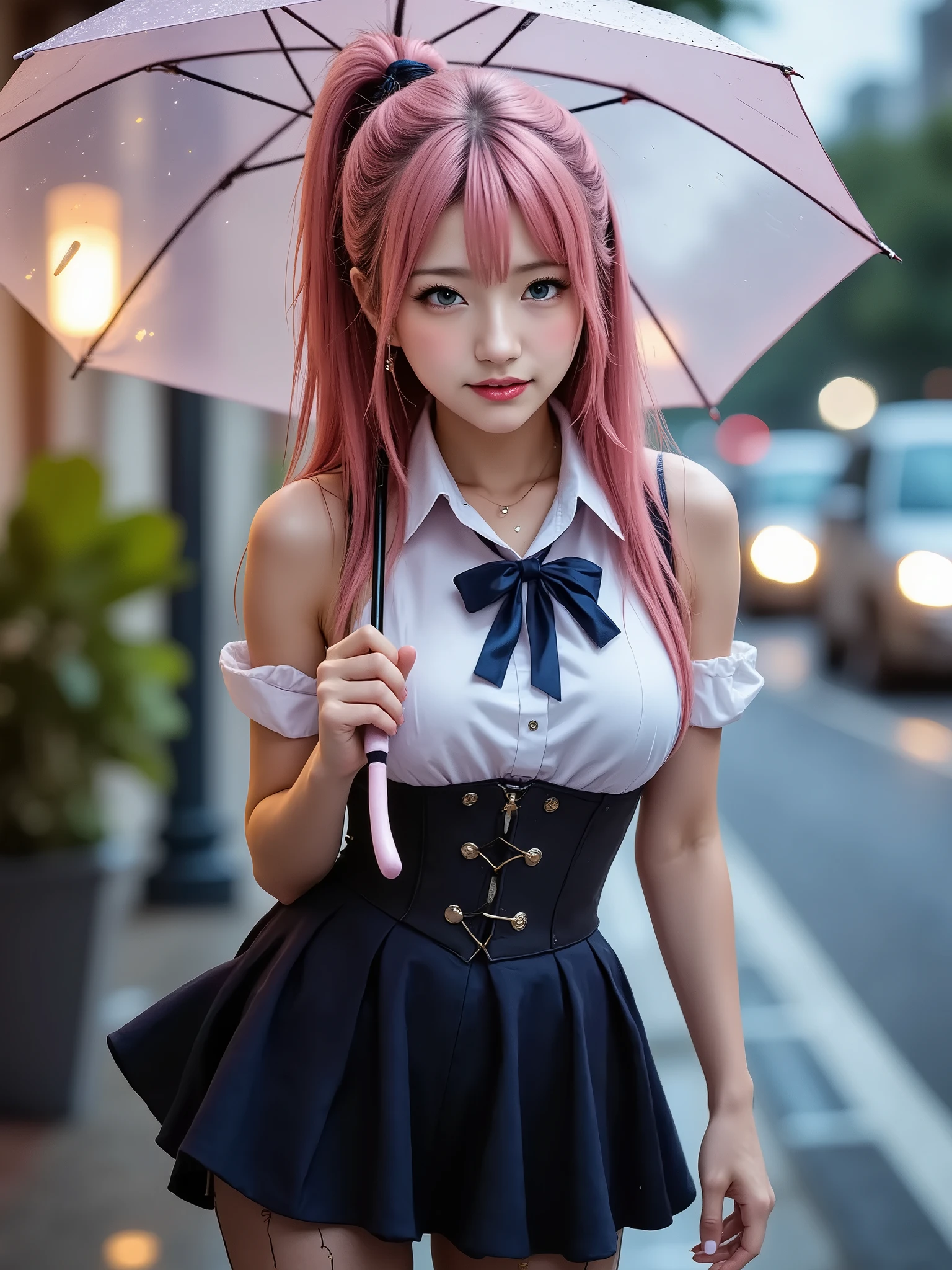 5 years old girl，Bigchest，long pink  hair, Pink JK skirt with wet white shirt, The wind blows to reveal white panties, Soaked clothes, And a shy face，pink bra，White suspender stockings