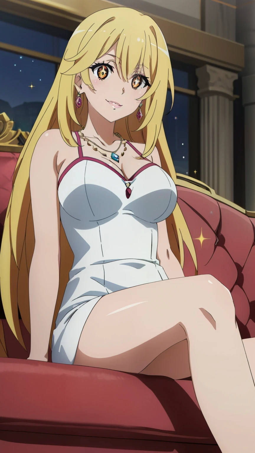 (highest quality, High resolution, 8k, masterpiece: 1.2), Very detailed, (Anime), Misaki Shokuhou, orange eyes, (pupils sparkling:1.2), Beautiful character design, Perfect eyes, Perfect face, Expressive eyes, Perfect balance, smile, blonde, Long Hair, large medium breast, nffsw, (nffsw, cabaret dress, earrings, necklace, jewelry, pink lips, half smile, sofa, sitting on the sofa), dutch angle,