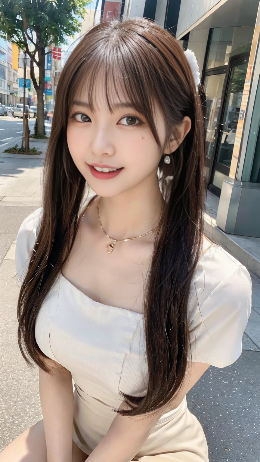Tabletop、masterpiece、Highest quality、Genuine、Very detailed、finely、Intricate details、High resolution、8k wallpaper、One beautiful woman、light brown disheveled hair、Sharp focus、Perfect dynamic composition、Beautiful and detailed、Thinning hair、詳細なGenuineな肌の質感、smile、Close-up portrait、Model Body Type、smile、looking at the camera、29-year-old Japanese woman、Black short sleeve T-shirt、She has a white skirt and a shiny black enamel belt.、necklace,tote bag,Straight Long Hair, Natural color lip, Random sexy poses,In front of a cafe near Tokyo Station,The whole body is shown,Anatomically correct body、Anatomically correct finger structure