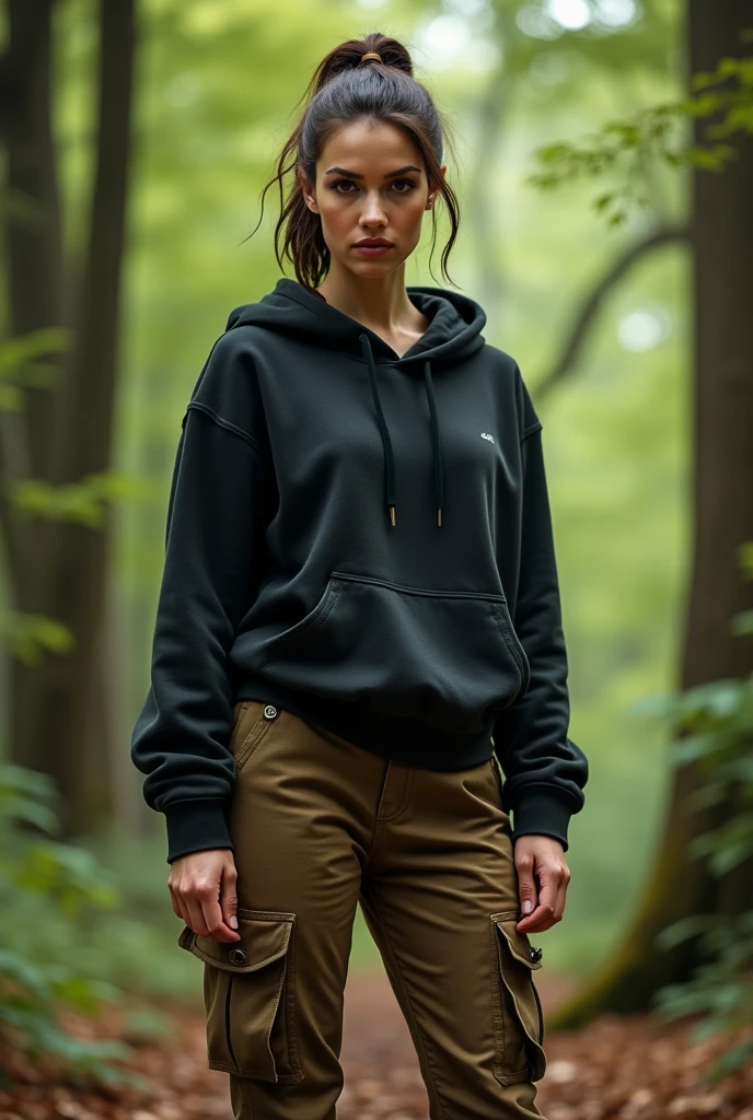 hyper-realistic photo of woman, (wearing black cotton leggings, ocher down jacket, closed) (silky, loose hair) (skin texture), mountains, nature, trees , rocks, river, current, smoke, campfire (camping inspiration) analog quality, best shadow, film grain, high contrast, raw, lut instagram