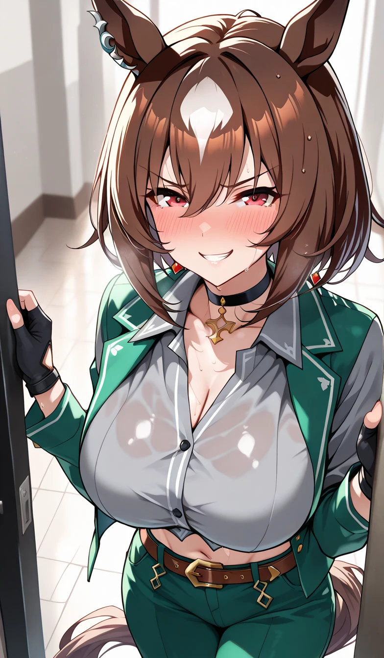 ((super high quality,))((Ultra-high resolution,))(16K,)(super masterpiece,)((Ultra HD ,))(Detailed shading,)One sexy woman,popped Tight collar Yellow shirts,Long sleeve,Cleavage,Black tight skirt,Ecstatic smile,blush,Lean forward diagonally,