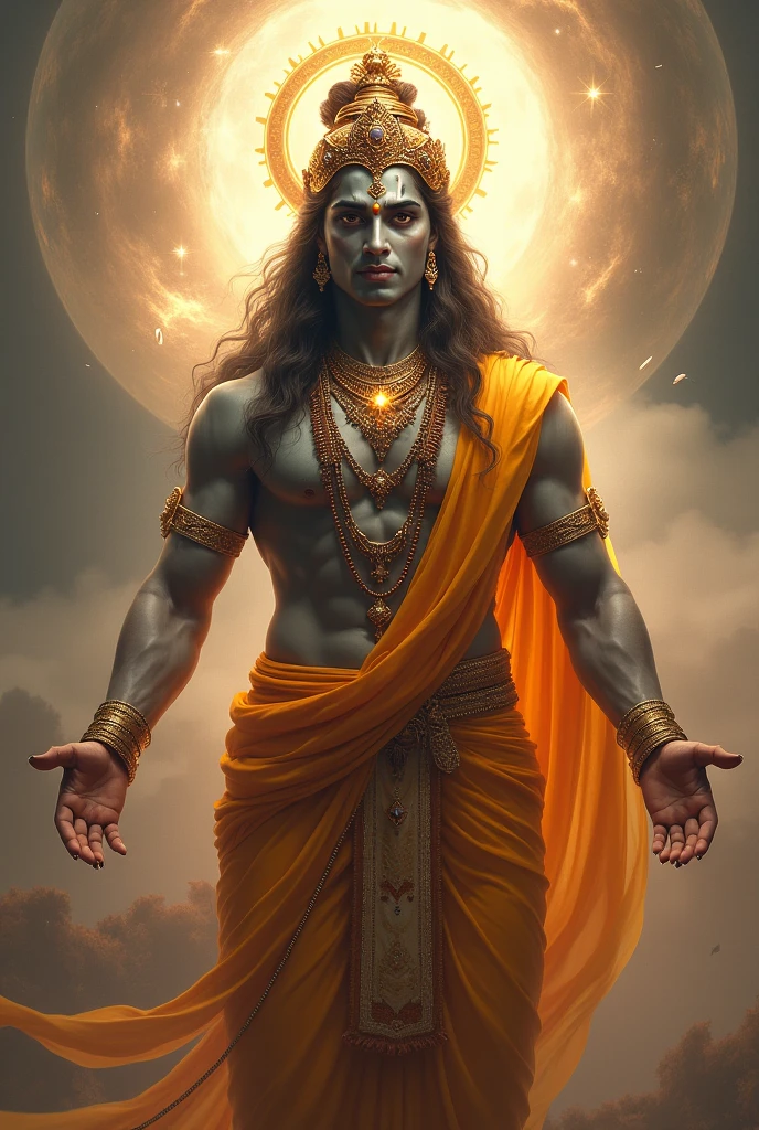 hindu mythical god, glowing light eyes, superpower, eerie, Creepy, nightmarish, Very bright colors, Light particles, with light glowing, Mshiff, wallpaper art, UHD wallpaper