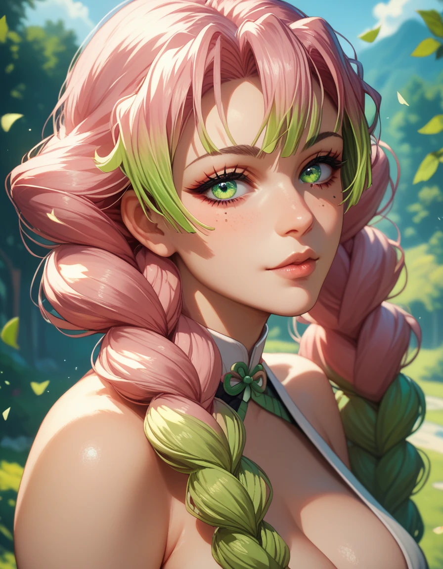 a woman with pink hair posing next to trees dressed in a red sweater, 1girl, solo, kanroji mitsuri, multicolored hair, green eyes, mole, pink hair, braid, green hair, sweater, long hair, gradient hair, mole under eye, looking at viewer, twin braids, breasts, parted lips, off shoulder, lips, sleeveless, autumn leaves, bare shoulders, autumn,mitsuri(demon slayer)

