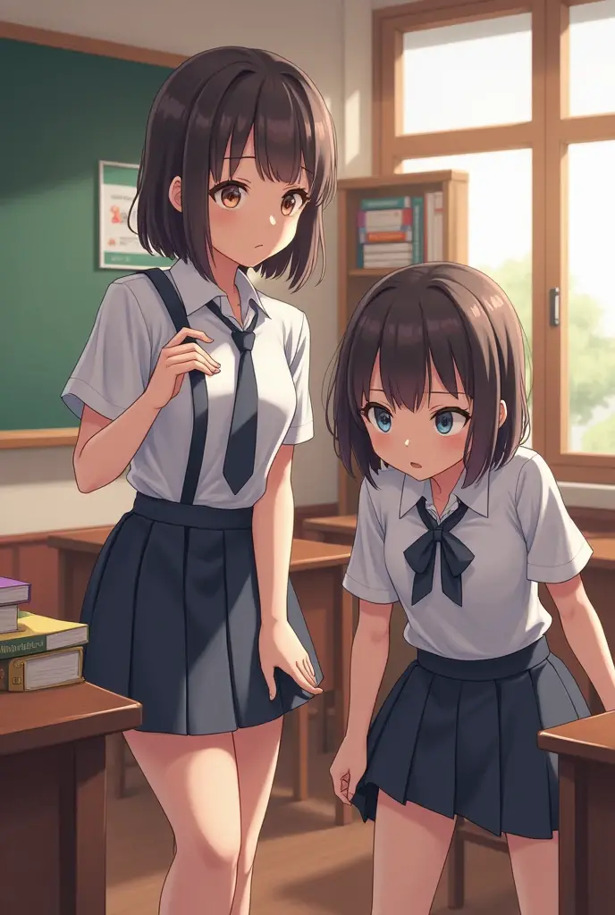 Create a picture of two schoolgirls, a student and a girl looking for a mysterious picture (embedded picture search game)