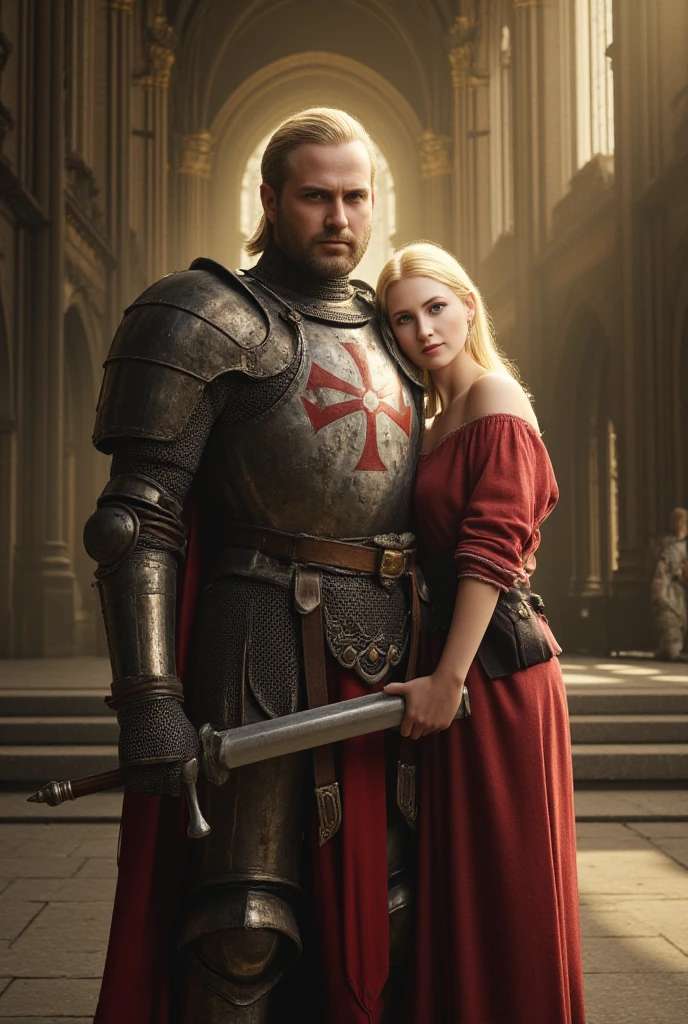 beautiful 16 year old blond girl wearing revealing rags with her arms around a young knight standing by her side