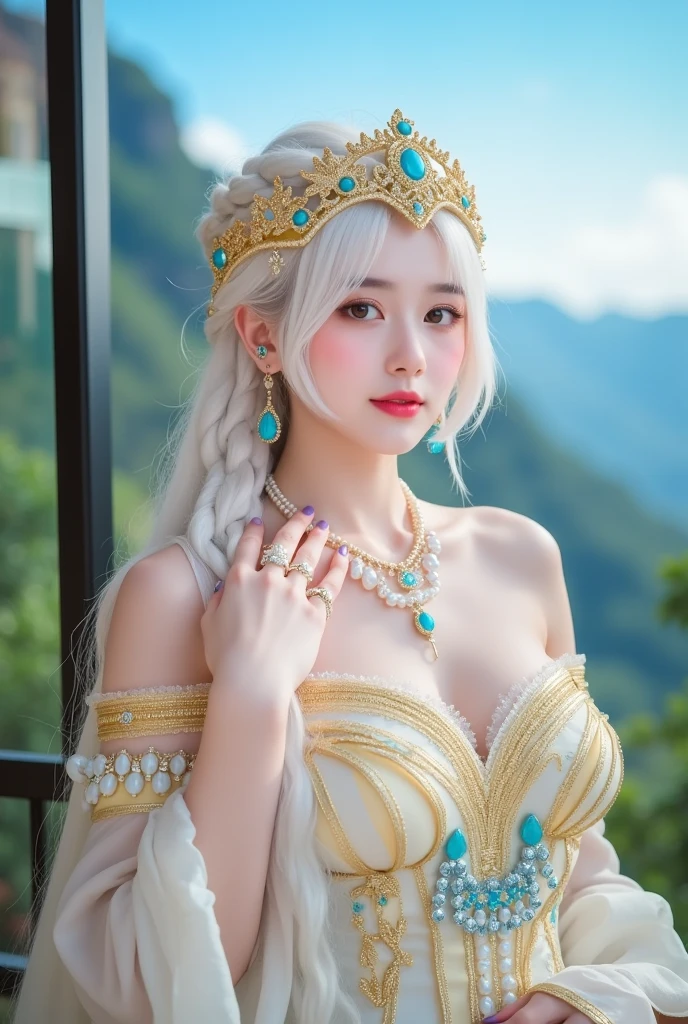 (intense chest expression),top-quality、masterpiece、超A high resolution、(Gold Dragon Armor)、(((Colossal tits)))、(((large floral ornament on the head))),(((Detailed Micro Bikini))),(Wearing a beautiful crown made of jewels),(Photorealsitic:1.4)、Raw photo、女の子1人、(((Random hair))、(((Take different poses)))、glowy skin、(((White Chinese Dragon)))、Intricate and ornate hair ornaments、(Looks like a gorgeous jewelry necklace)、(Full Body Angle)、(fight big dragonet bikini)、((beautiful lake background)),(beautiful forest background)、Precipitous cliffs、(Castle background)、((super realistic details))、portlate、globalillumination、(sexypose)、Shadow、octan render、8K、ultrasharp、Colossal tits、Raw skin exposed in the cleavage、metals、Details of complex ornaments、Japan details、highly intricate detail、Blue eyes、Eyes shining towards the camera、Toostock、(Full Body Angle)、(veils)、(((Heavy Big))),((she is wearing a beautiful jeweled bangle.)),