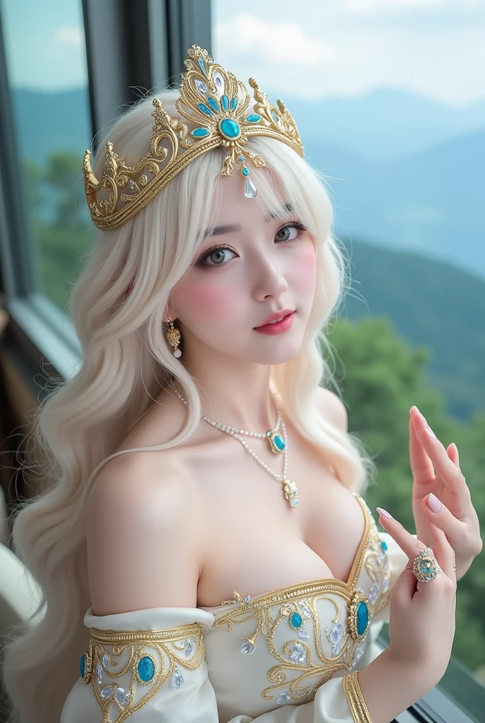 (intense chest expression),top-quality、masterpiece、超A high resolution、(Gold Dragon Armor)、(((Colossal tits)))、(((large floral ornament on the head))),(((Detailed Micro Bikini))),(Wearing a beautiful crown made of jewels),(Photorealsitic:1.4)、Raw photo、女の子1人、(((Random hair))、(((Take different poses)))、glowy skin、(((White Chinese Dragon)))、Intricate and ornate hair ornaments、(Looks like a gorgeous jewelry necklace)、(Full Body Angle)、(fight big dragonet bikini)、((Beautiful sea background)),Precipitous cliffs、(Castle background)、((super realistic details))、portlate、globalillumination、(sexypose)、Shadow、octan render、8K、ultrasharp、Colossal tits、Raw skin exposed in the cleavage、metals、Details of complex ornaments、Japan details、highly intricate detail、Blue eyes、Eyes shining towards the camera、Toostock、(Full Body Angle)、(veils)、(((Heavy Big))),((she is wearing a beautiful jeweled bangle.)),Beautiful hip line、