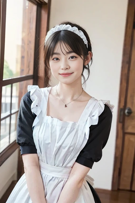 One Girl, apron, Black dress, blush, Braiding, dress,Frills, gloves, Hair between the eyes, jewelry, Juliet Sleeve, Long sleeve, Maid, Maid apron, Maidの頭飾り, Puffy sleeves, White apron, window, actress、Age 25、expensive、Cafe、restaurant, slim、thin、日本woman, smile, 23 years old,woman,Brown long straight hair,Wet body,Perfect body,Trained abdominal muscles,Shiny skin,Highest quality,日本のwoman一人,diamond,Earrings