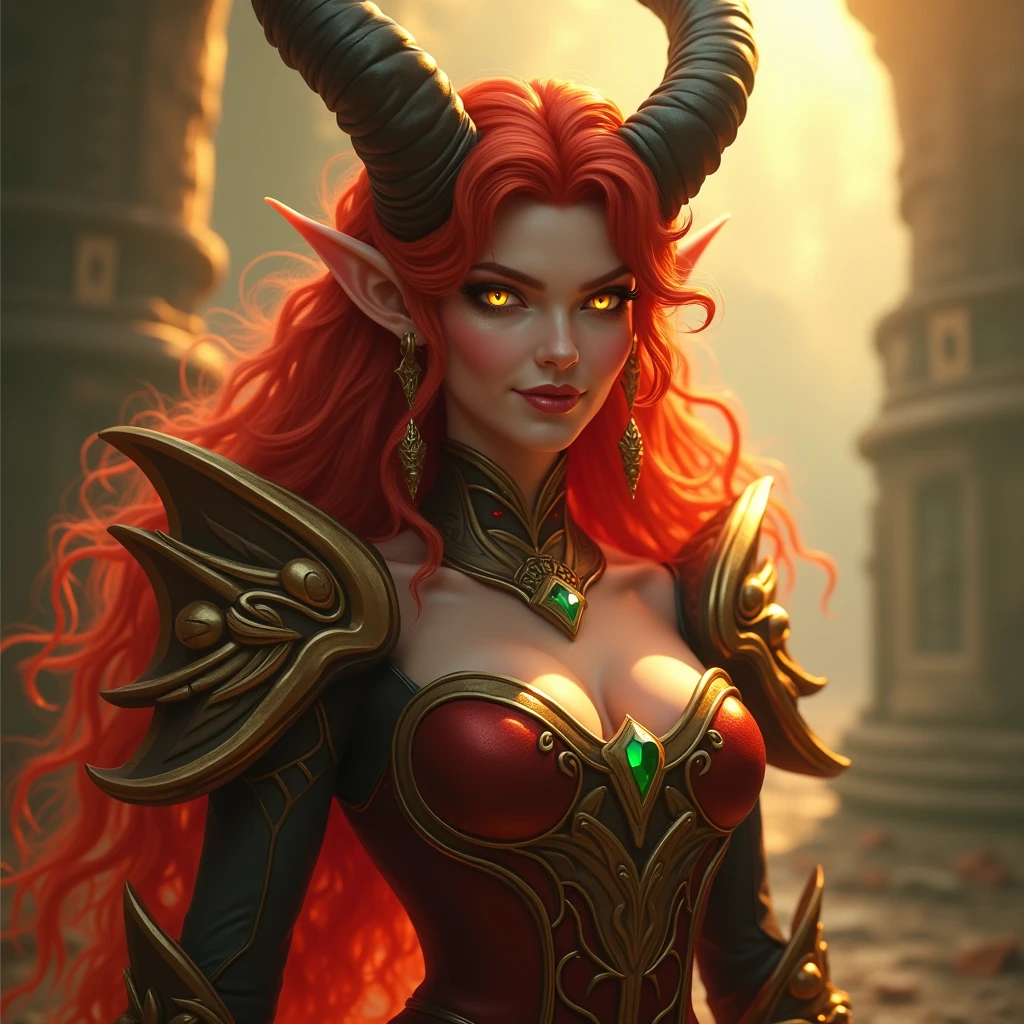 tmasterpiece, ultra fine photos, , Best quality, 超高分辨率, realistically, rays of sunshine, full-body portraits, Amazingly beautiful, dynamicposes, delicated face, vibrant eyes,seductiveexpression,Large breasts,The face is red,world of warcraft,Red curly hair sexy suit,succubi