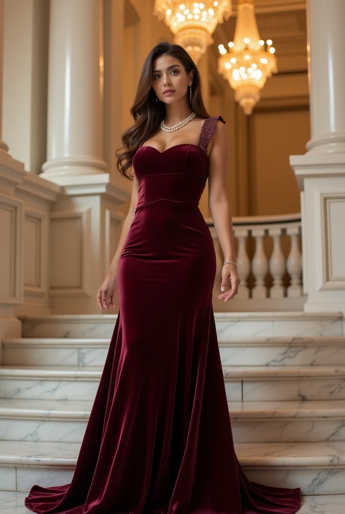 Imagine a breathtaking landscape where an ultra realistic female model poses elegantly in a luxurious velvet dress. The scene captures the essence of high fashion blended with natural beauty. The model stands on a pathway surrounded by lush gardens, with a majestic castle in the background. The sunlight gently filters through the trees, casting a warm glow on her and highlighting the rich texture and deep color of the velvet dress. The dress itself is a masterpiece, flowing gracefully with every movement, reflecting the epitome of style and elegance. The background is a harmonious blend of nature and architecture, creating a perfect setting that accentuates the beauty of the dress and the model.