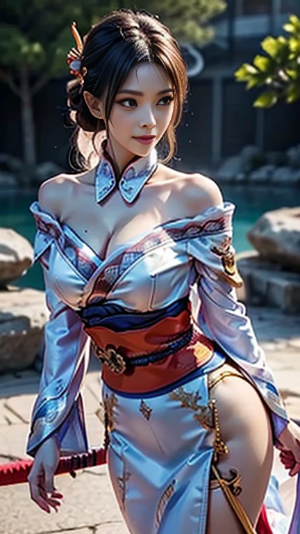 ((Best Quality, 8K, masutepiece:1.3)), 1girl in, Slim Abs Beauty:1.3, (casual hairstyle, Big breasts without leakage: 1.2), Dress: 1.1, Super fine face, Delicate eyes, Double eyelids, Shyness, Dynamic Pose, Smile, Anime girl with white hair and blue eyes holding a fan, White Hair God, The feminization of the key art of Xart Krenz, onmyoji detailed art, portrait onmyoji, Detailed Digital Anime Art, best anime 4k konachan wallpaper, anime goddess, high detail official artwork, detailed anime art, Portrait of a female anime hero, Onmyoji