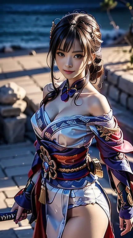 highest quality, masterpiece, high-detail, Reflects light realistically, 1 girl, Upper body, Shogun Raiden,  Big breasts, perfect face, Clear eyes, long-haired, purple hair, Hair Decoration, sky of lightning, night sky, Ancient building in the background, shallow depth of field, looking at the audience,
