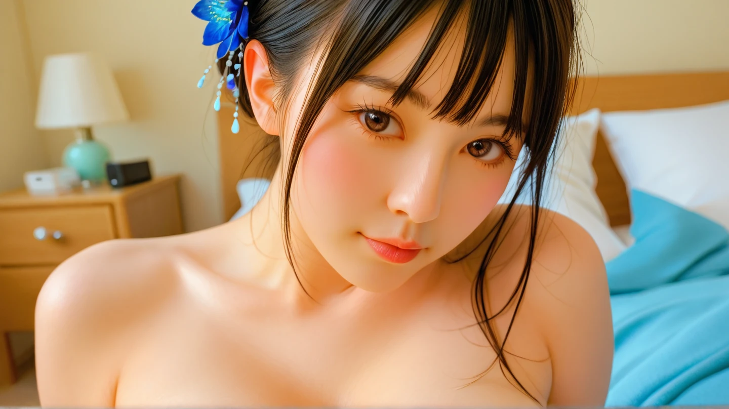 ((masterpiece, highest quality, super fine, High resolution)), 8K. alone, beautiful girl, shining eyes, perfect eyes, beautiful sister of Japan, blue theme, Night fireworks on background,written boundary depth,nude,beautiful nipples,smile