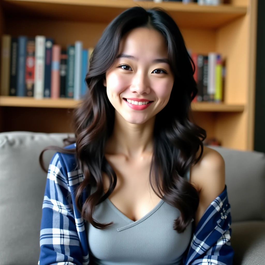 timid asian woman wearing a fully buttoned up long sleeve red button shirt, soft smile, sitting at a table, flat chested