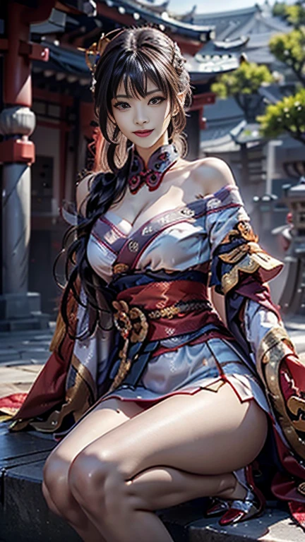 Lin Mo Niang, the goddess of the sea,wears long red robe，Blue and white short coat，Standing on the beach，Several men looked at her with ill intent.