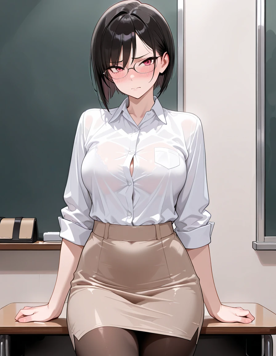 masterpiece, best quality, ultra detailed, ultra high resolution, very detailed face, solo, ((raw photo)), 22 years old japanese woman, (((office lady, white blouse))), (((black short tight skirt))), glasses, ((brown bob hair, ponytail)), (((large breast))), ((little angry)), ((sweat:1.2)), ((hands on the hip)), in the night bedroom