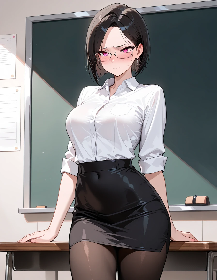 1 woman、black hair、teacher red glasses black jacket open chest white shirt black three-quarter length pants suit black high heels、big breasts、smile、turn your butt Looking back、classroom blackboard