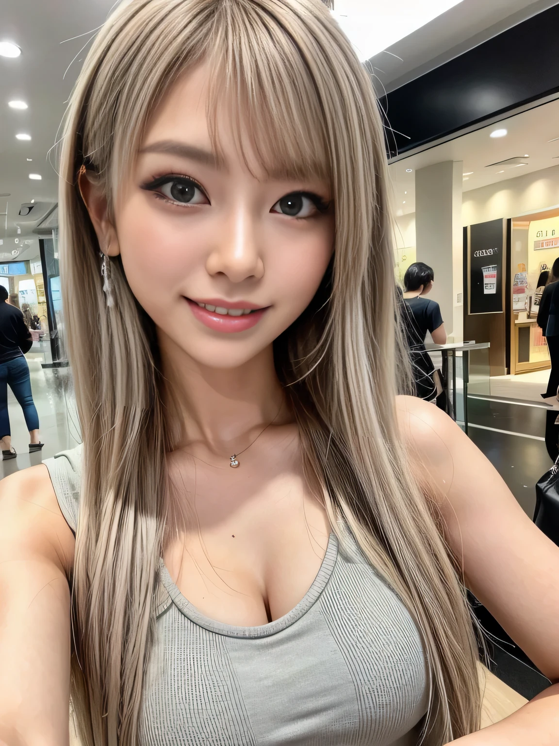 young woman、Blonde、ウェーブのかかった髪、Hair length to shoulders、ear piercing、Necklace around the neck、blouse、Emphasize the chest、smile、Beautiful teeth alignment、Intricate details, Very detailed:1.2), 、 Looking into the camera、The background is the office

