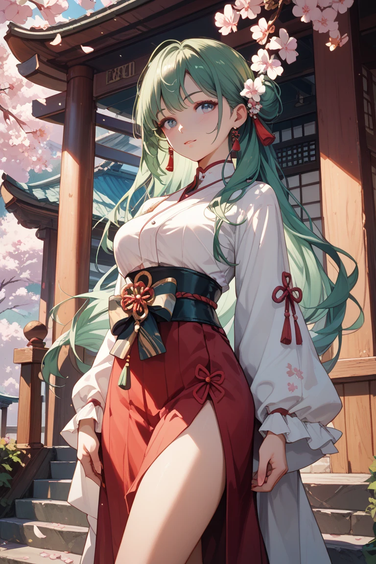 ((Highest quality)), ((High resolution)), ((masterpiece)), (detailed), (photograph), 
View your viewers, Cowboy Shot, Written boundary depth, Anatomically correct, １Directly mature women, Perfect Face, Cute and symmetrical face, Shiny skin, 
(Long Hair, Black Hair), Hair between the eyes, Green Eyes, Long eyelashes, (Big Breasts:0.8), 
Beautiful Hair, Beautiful Face, Beautiful details, Beautiful clavicle, Beautiful body, Beautiful breasts, Beautiful thighs, Beautiful legs,
(Shining Shrine Maiden Outfit), 
(Beautiful views), evening, shrine, fair, summer, (Cute Smile), 