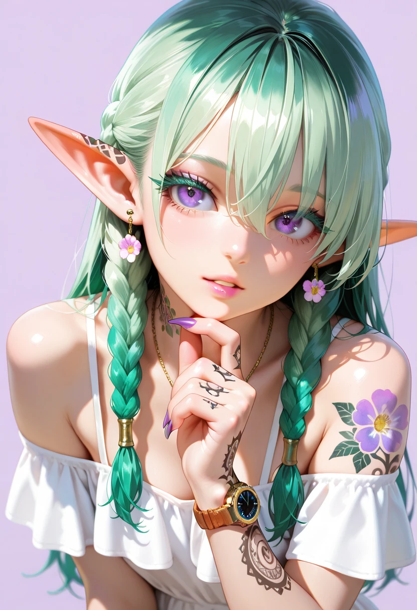 masterpiece,Highest Quality,ultra high resolution,photorealistic,8K Ultra HD,HYPER DETAIL,depth of field,solo,1 girl,Watch Viewers,bungs,green hair,long hair,braids,hair between eyes,elf ears,pastel purple background,simple background,PURPLE EYES,thick lashes, gentle gaze ,parted lips,pink lips, jewelry,earrings,necklace,arm tattoo,neck tattoo,hand tattoo ,flower tattoo,Speckled color ,Summer Dresses,bare shoulder,detailed fabric creases,graceful posture,raises his hand,Purple Claws,put finger on chin, neutral tones ,