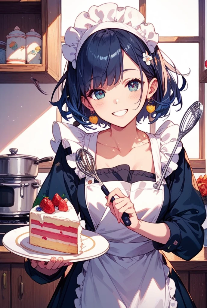 azhiichigo style,big eyes, thick lines, cute, 1girl, patisserie, baking goods, puffy bright red dress, blue eyes and black short hair with ponytail, happy, floating, kawaii, cute, sparkles, magic bakery