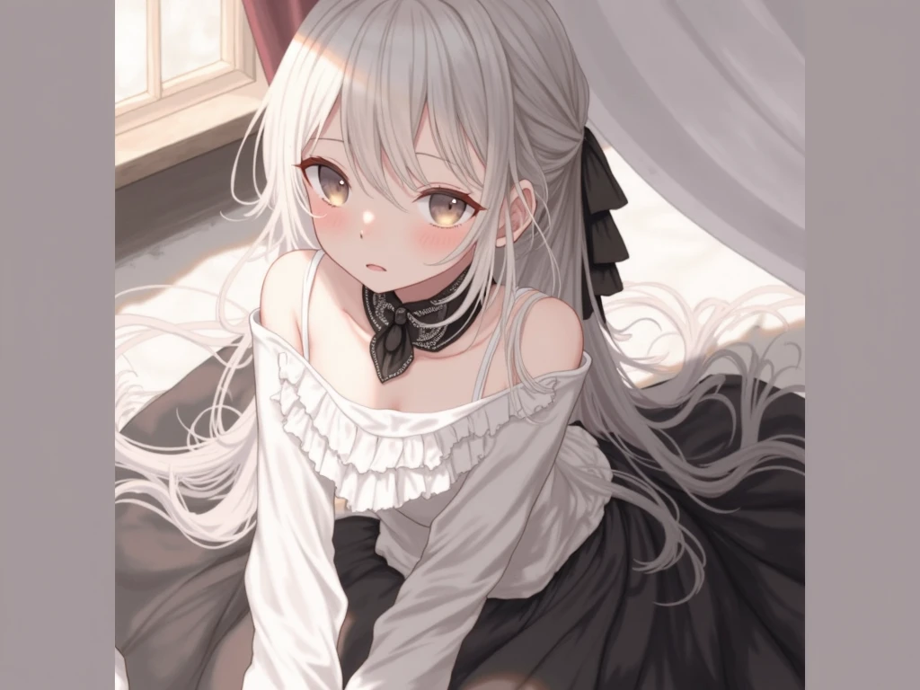 Masutepiece, Highest Quality, (Perfect face:1.1), (high detailing:1.1), (ultradetailed eyes),Dramatic,superfine illustration,Extremely detailed,1girl in,teenager,(pale skin),long white hair,Ethereal eyes,Simple eyes,empty eyes,Blue eyes,blush,Solo,Smile,Happy,Laugh,Enjoy, Open mouth,Pouty lips,Cinematic lighting,upper body,looking up,leaning forward,Long sleeve,Gothic lolita, frilld,bow ribbon,knee high socks, cherry blossoms