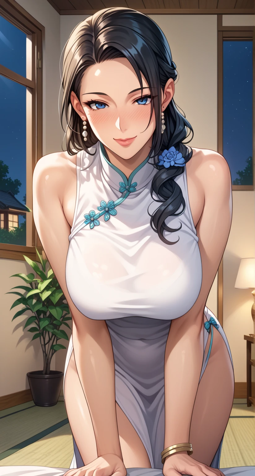 (Tabletop, Highest quality), Intricate details,.underwear), From the side, indoor, night, Mature Woman, chest, smile, Upper Body, View your viewers, Hmph.6 ways.Relics、((throw、Woman showing pussy))、Love Juice、I'm inviting you to have sex,(nsfw)、 (spread pussy、crotch grab、Uterus)、Sexually excited expression