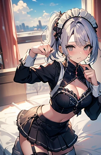 (((masterpiece))),highres,absurdres,(((best quality))),official art,<lora:add_detail>,perfect lighting,looking at viewer,indoors,window,living room,
1girl,saionjimary,demon girl,demon horns,demon tail,long hair,blush,smile,crop top,long sleeves,bare shoulders,detached sleeves,necktie,midriff,belt,black skirt,necktie between breasts,cleavage,<lora:SaionjiMary-07:1>,