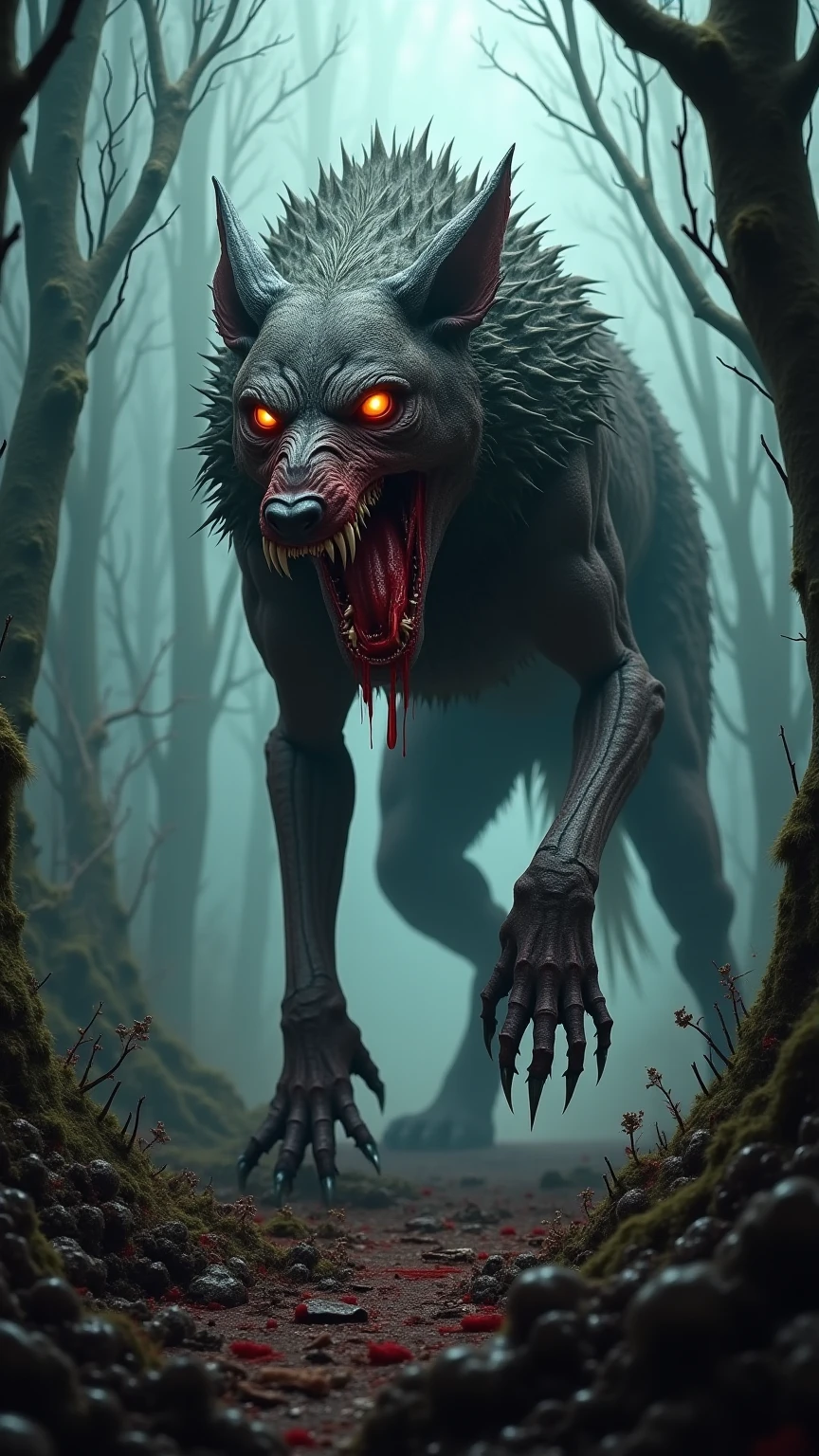 "(best quality,4k,8k,highres,masterpiece:1.2),ultra-detailed,realistic,photorealistic:1.37,A werewolf trapped in a living sticky latex in a dark forest,illustration,thick forest,menacing atmosphere,wolf-like eyes,sharp claws,dripping fangs,sinister shadows,moonlit night,ominous presence,dense foliage,vivid colors,ethereal lighting blowjob