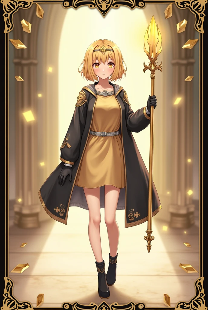 Anime Style Images, Full body image head to toe, , young man, ผมสีดำ, , long hair to the middle of the back, The hair is neatly arranged to the face, Hair tied in a ponytail, Red hair tie, headband fabric Red with gold pattern, black eyes, ใบหน้า castingเหลาราวกับเทพบุตร,  casting, cool, looks discreet as an adult, face, indifferent, emotionless,, , strong body shape, , muscles tight but slender,, Muscles in bundles, Wearing a black tight-fitting sleeved shirt decorated with gold pattern, black tights adorned with gold patterns, Wear a black waistcoat decorated with gold patterns, ankle-length waistband, with a black strap and belt fastened to the dress,, Black Gloves, . The left arm is wearing gold steel armor, covering it from the shoulder head to the forearm, , wear a red shawl decorated with gold patterns under the shoulder armor., ชุดดู castingcoolมาก, gold steel armoured boots, The background is a huge arena with many people staring inside the arena., arena. Very large, Lightning Spear, Top details, Anatomically qualified ,  maximum contrast, The right hand holds a silver double-edged long spear, put the spear handle on the back, Spear looks good, หอกสุดcool, Black card border at picture edge, Game card style, Collectible card style, shiny gold border on black card border