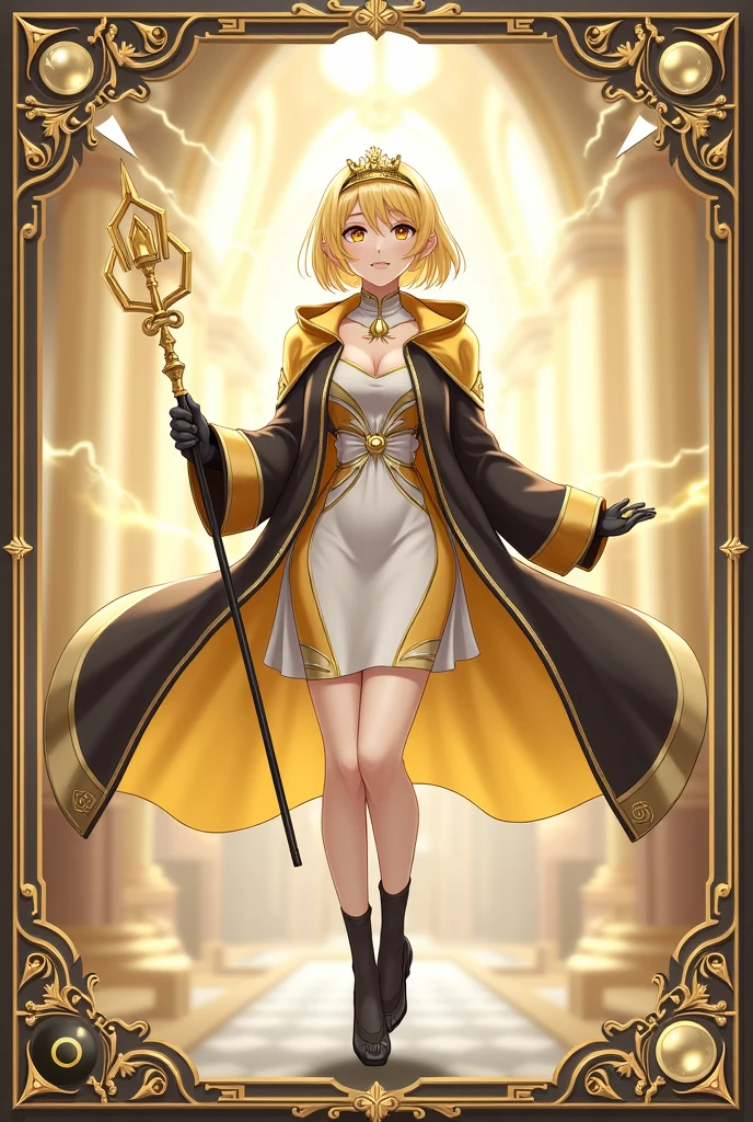 Anime Style Images, Full body image head to toe, , young man, ผมสีดำ, , long hair to the middle of the back, The hair is neatly arranged to the face, Hair tied in a ponytail, Red hair tie, headband fabric Red with gold pattern, black eyes, ใบหน้า castingเหลาราวกับเทพบุตร,  casting, cool, looks discreet as an adult, face, indifferent, emotionless,, , strong body shape, , muscles tight but slender,, Muscles in bundles, Wearing a black tight-fitting sleeved shirt decorated with gold pattern, black tights adorned with gold patterns, Wear a black waistcoat decorated with gold patterns, ankle-length waistband, with a black strap and belt fastened to the dress,, Black Gloves, . The left arm is wearing gold steel armor, covering it from the shoulder head to the forearm, , wear a red shawl decorated with gold patterns under the shoulder armor., ชุดดู castingcoolมาก, gold steel armoured boots, The background is a huge arena with many people staring inside the arena., arena. Very large, Lightning Spear, Top details, Anatomically qualified ,  maximum contrast, The right hand holds a silver double-edged long spear, put the spear handle on the back, Spear looks good, หอกสุดcool, Black card border at picture edge, Game card style, Collectible card style, shiny gold border on black card border