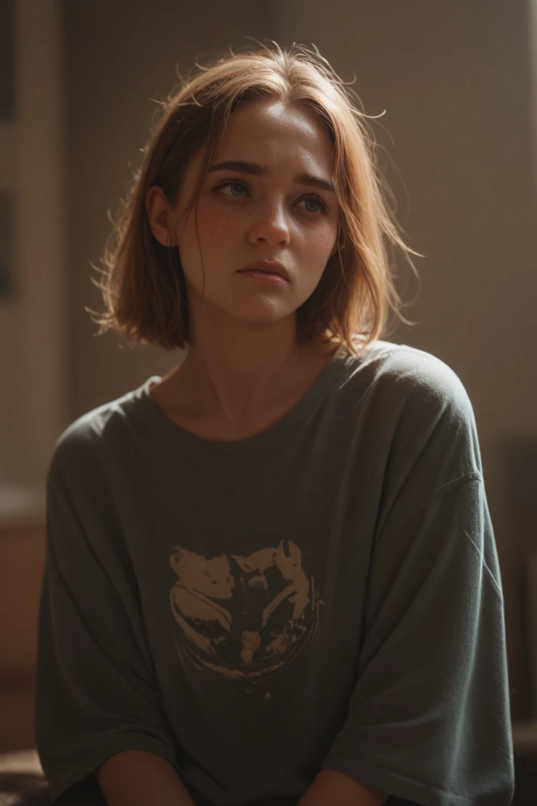 ((best quality)), ((masterpiece)), (detailed), perfect face, exteriors, City, 31 year old woman, similar a ellie de the Last of us 2 y a mackenzie Davis, perfect face, foreground, short chin length hair, moist and loose light reddish brown color, reddish freckles, light blue eyes, dark blue wool t-shirt with print, intense lighting, high level of detail